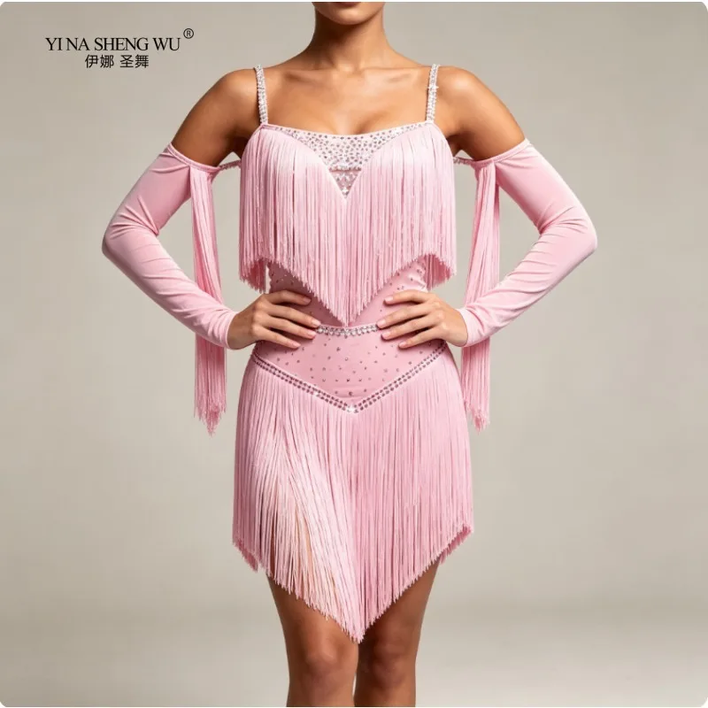New Latin Dance Competition Performance Dress Dance Skirt Children Adult Long Sleeve Off Shoulder Tassel Light Pink Dance Skirt