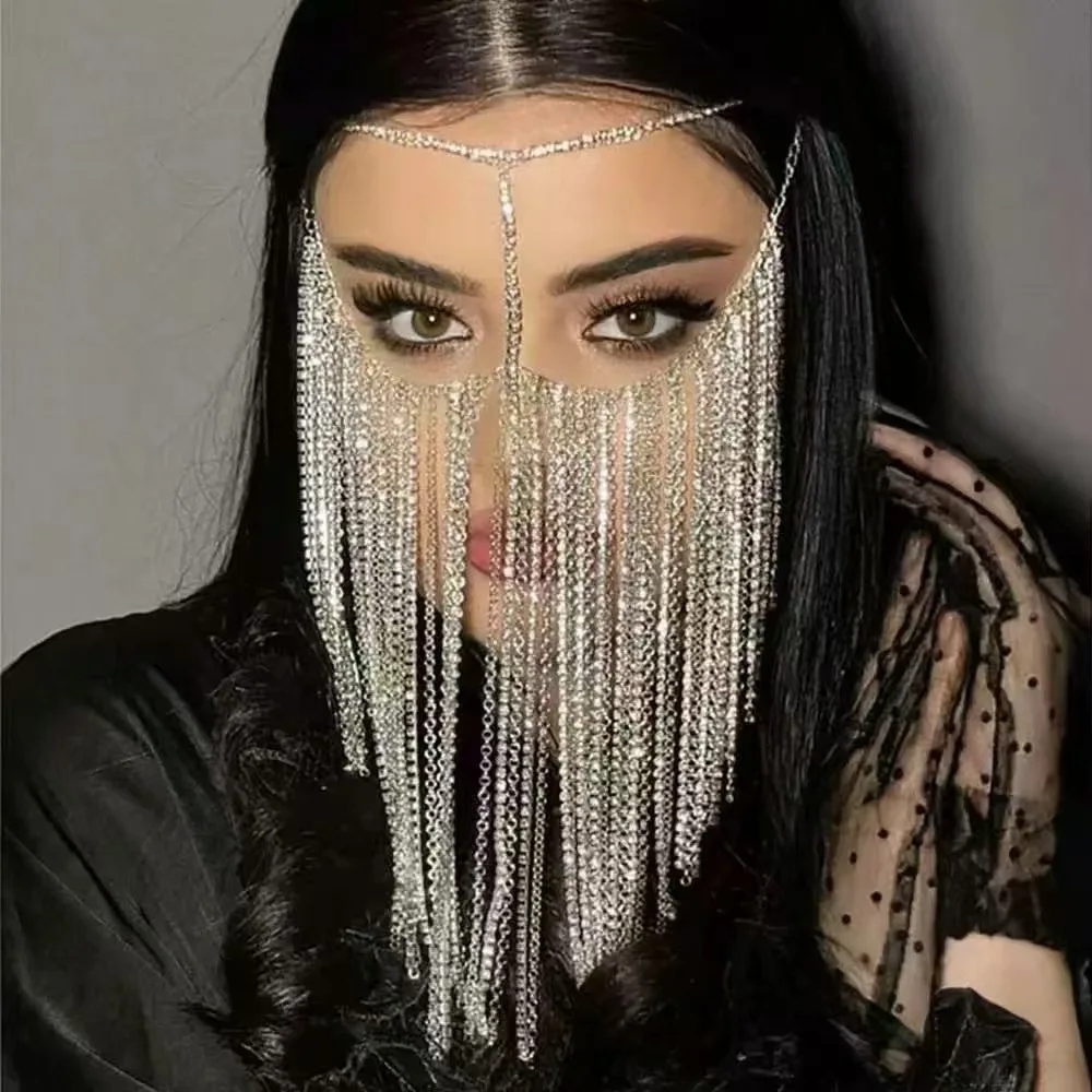 Rhinestone accessories, fashionable and versatile, mysterious tassel masks, stage performances, facial accessories