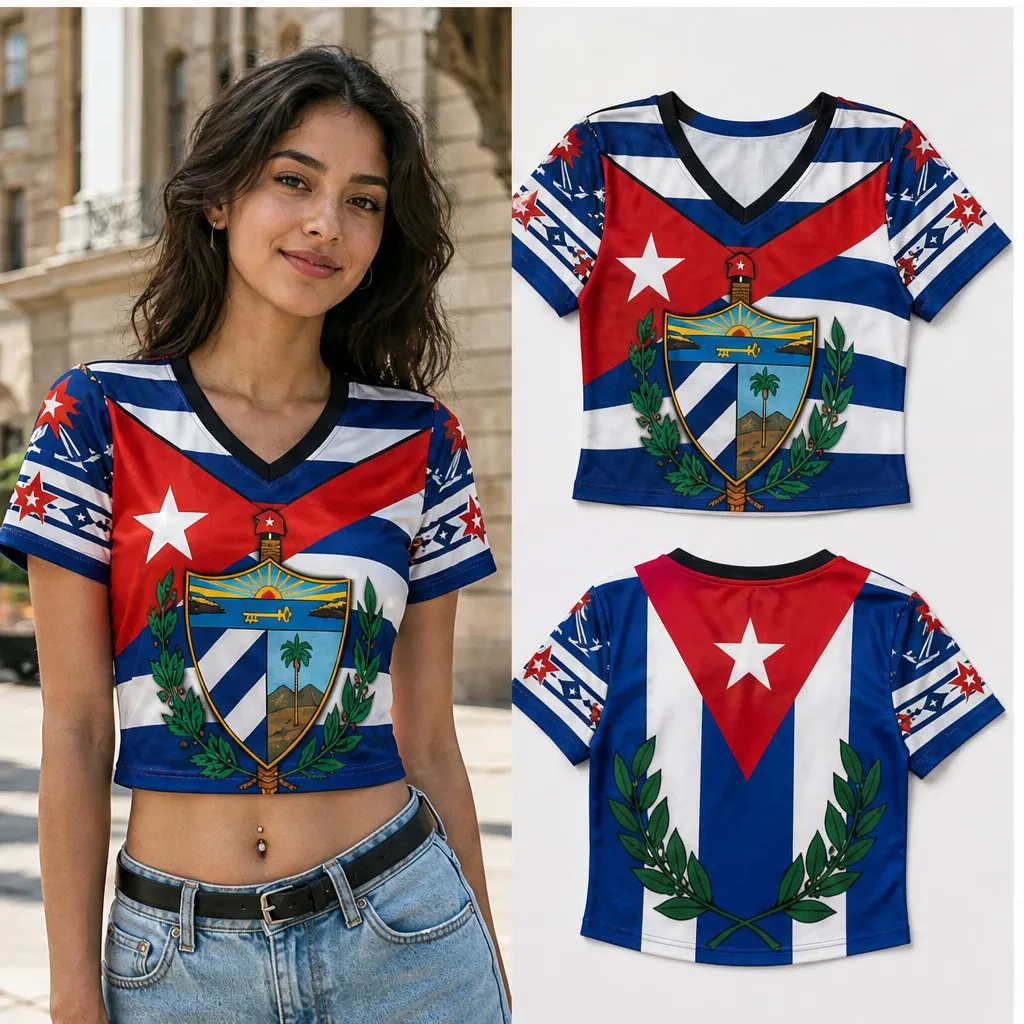 Womens Cuba V Neck Short Sleeve Crop Top Crest Laurel Flag Graphic Casual Summer Shirt for Street Travel Festival Everyday Looks