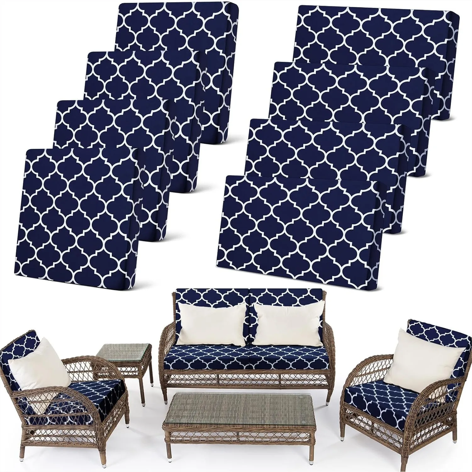 

8 Pcs Stretch Patio Cushion Covers Waterproof Replacement Sofa Couch Covers for 4 Backrests And 4 Cushions Washable Lawn Garden Seat Furniture Protector Navy Blue