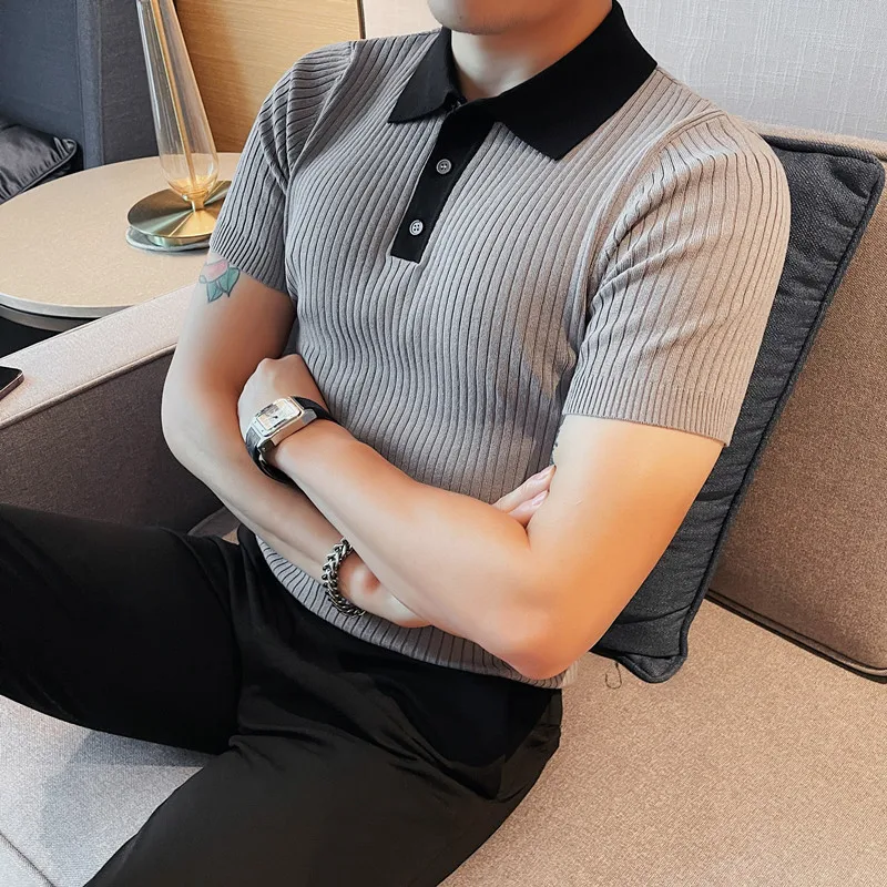 

Contrasting Stripes Knit POLO T-shirt Men Summer Short Sleeve Slim Casual Tshirt Thin Business Social Lapel Tee Top Men Clothing