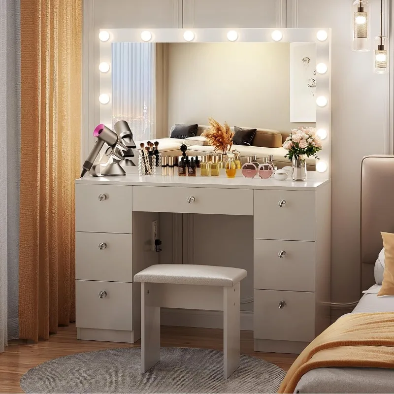 Vanity with Lighted Mirror - Makeup Vanity Desk with Power Outlet and 7 Drawers, 3 Color Lighting Modes Adjustable Brightness