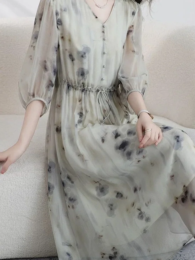 Silk Summer New Style Dress Waist Cinching Slimming Design Fashionable Skirt Guangzhou Thirteenth Factory Brand Elegant