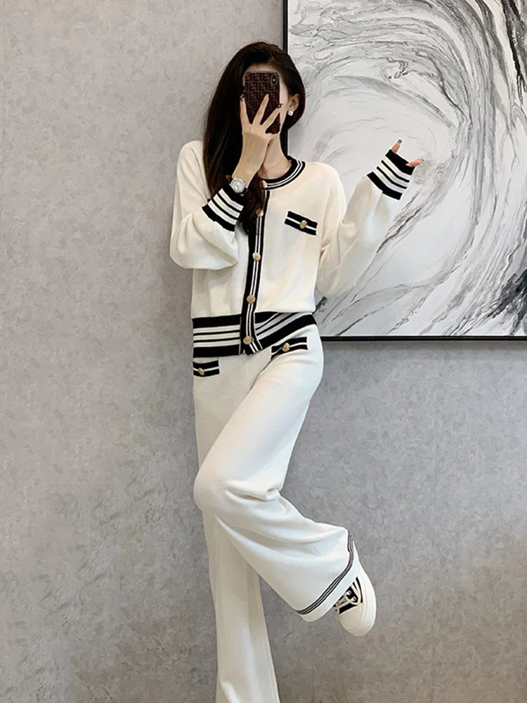 Elegant Knitted 2 Piece Sets O Neck Sweater Cardigan Suit + High Waist Knitwear Wide Leg Pants Korean Chic Women\'s Conjuntos