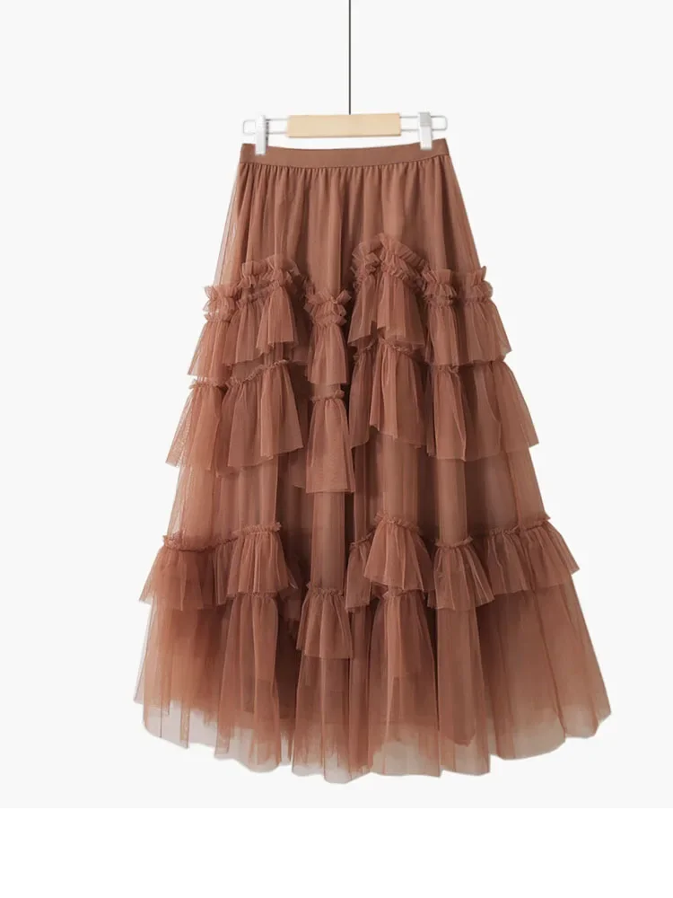 Womens Gray Flowy Tiered Mesh Tulle Skirts Elastic High Waist Multi Layer Irregular Ruffles Fairy A-Line Flowy Maxi Skirt Female