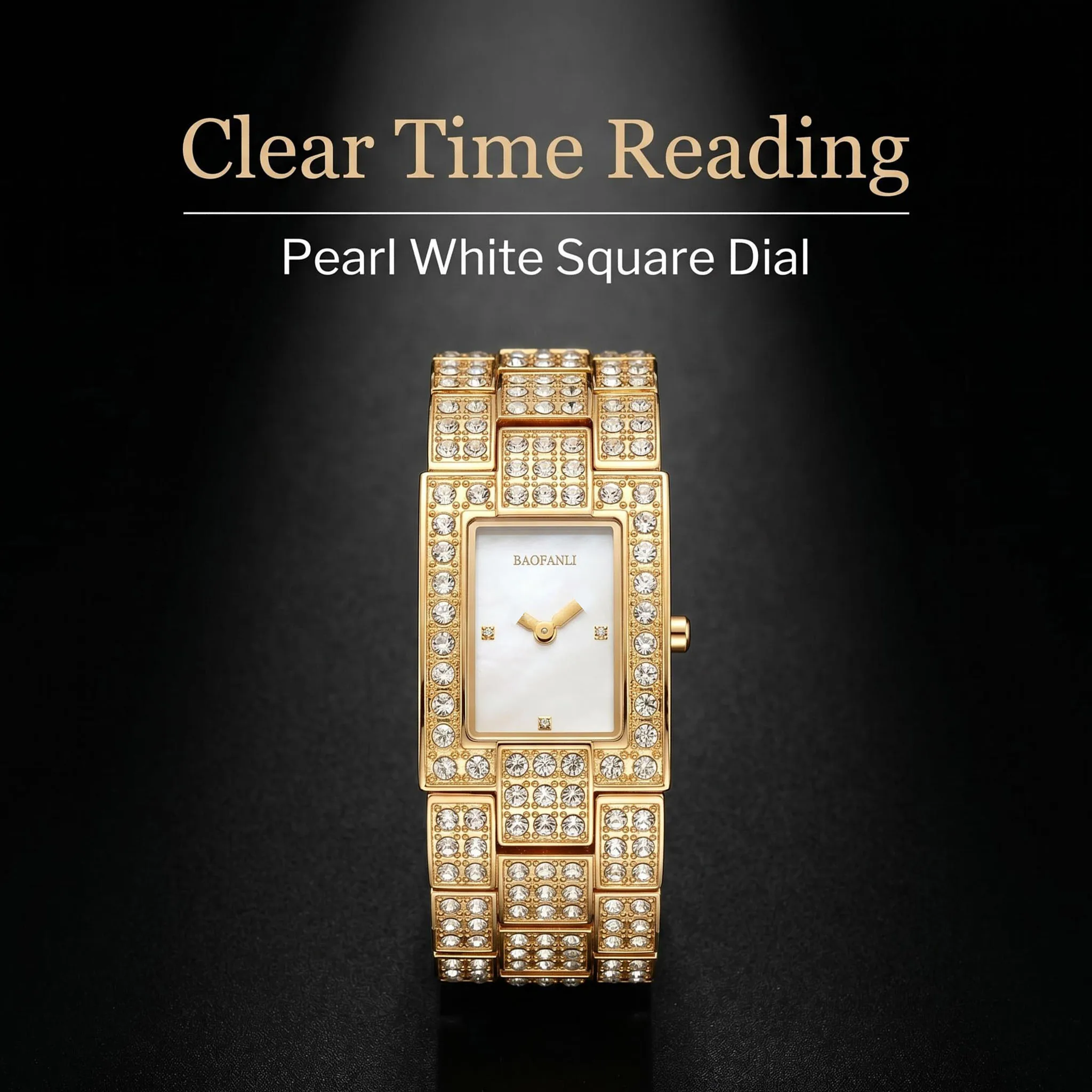 BAOFANLI Luxury Full Rhinestone Square Women's Watch Gold Plated Crystal Bracelet Quartz Wristwatch Elegant Ladies Dress Watch