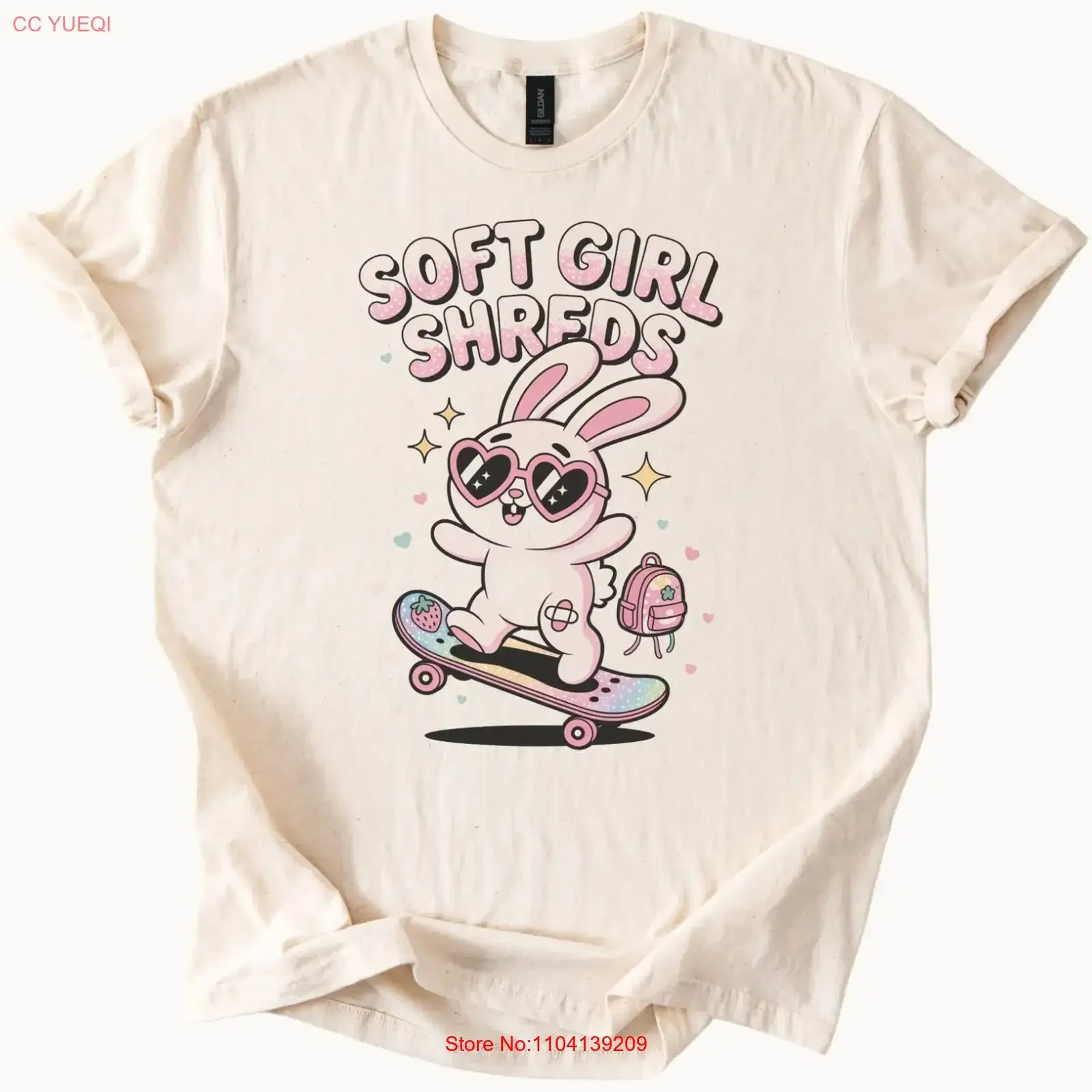 Soft Girl Shreds Bunny Skateboard T Shirt Cute Kawaii Skater  vintage Washed Unisex Versatile Stylish streetwear