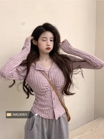 슬림핏 티셔츠 여성용 긴팔 니트 슬림핏 긴팔 니트 여성용 스타일리시한 스타일 드레이프 카디건 기본 티셔츠 티셔츠