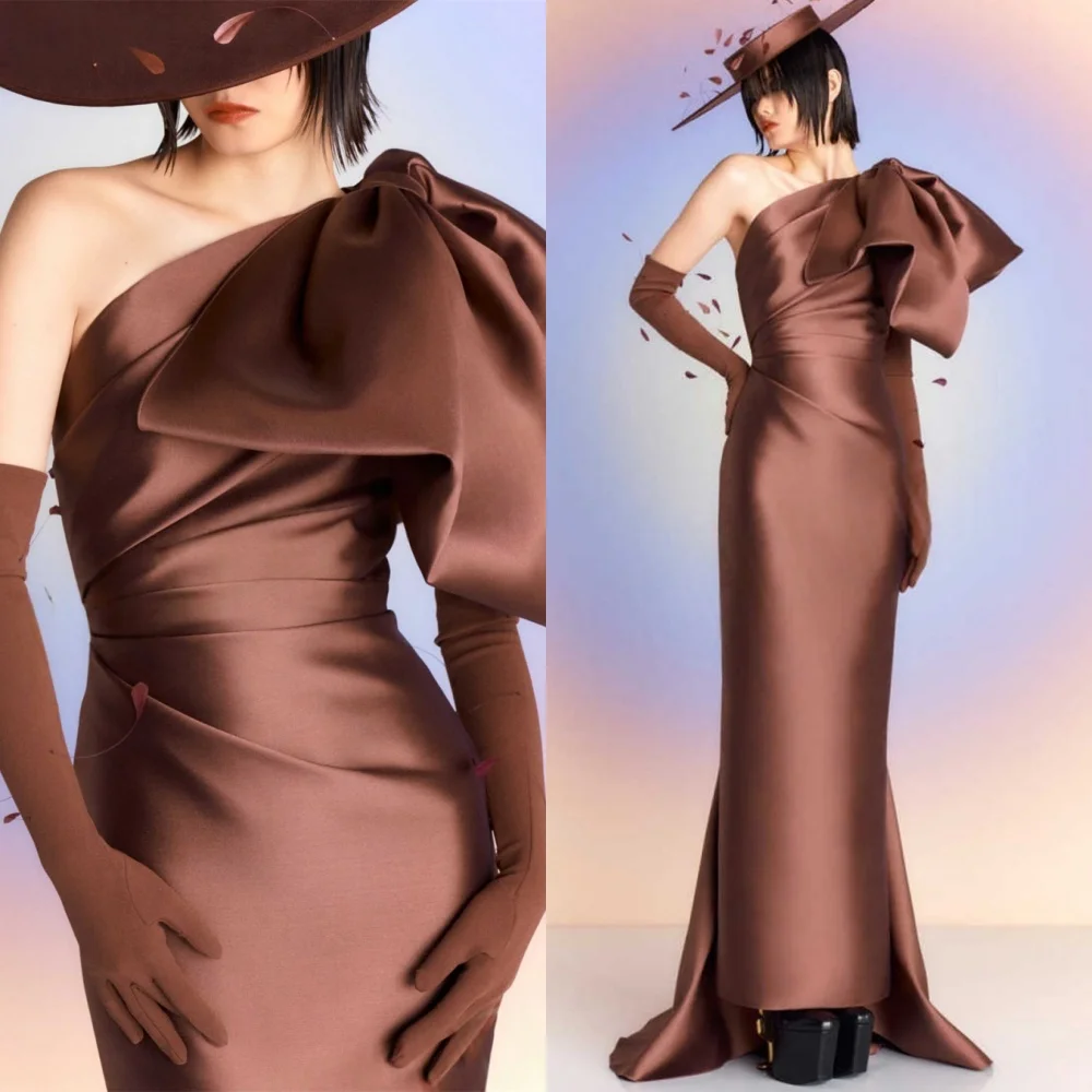 

Customized High Quality Brown Satin Evening Dress Modern One Shoulder Homecoming Dresses Temperament Special Occasion Gowns