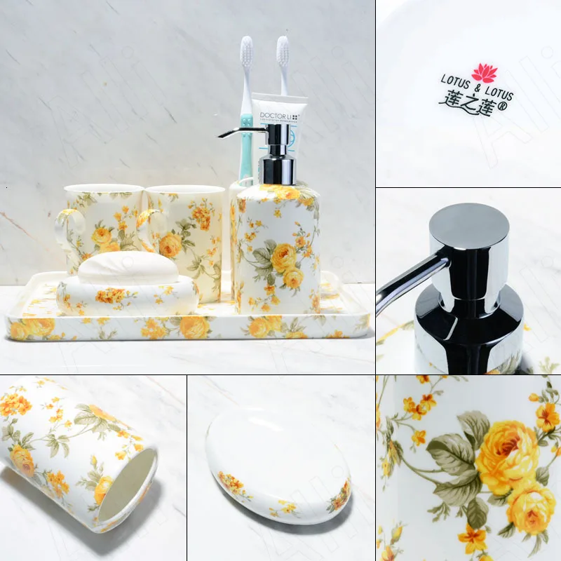 Northern Europe Ceramic Bathroom Six Piece Set Flower Pattern Mouthwash Cup Desktop Shower Gel Bottle Bathrooms Accesories