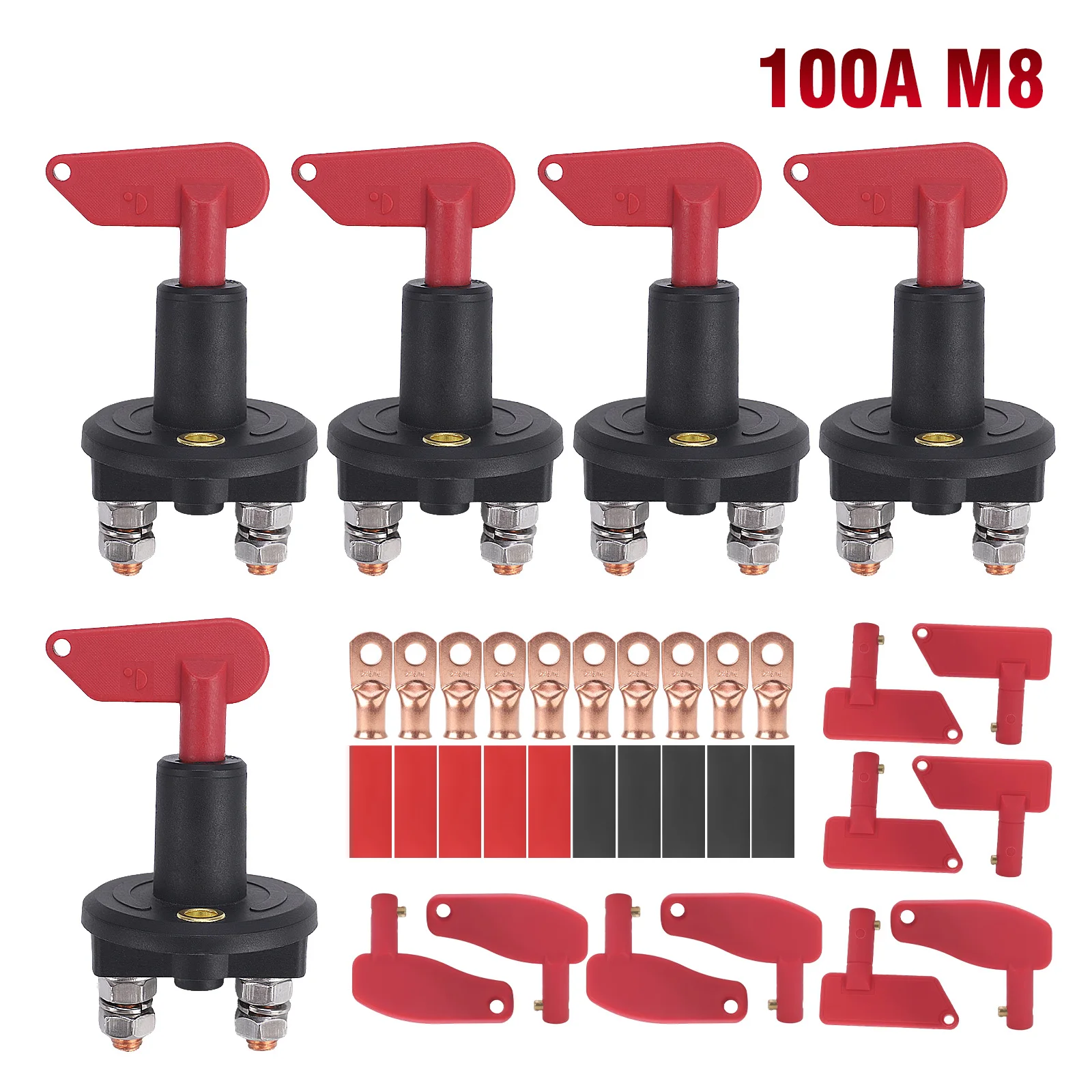 24V 100A Battery Disconnect Switch Isolator Cut Off Power Kill Switch M8 Studs Terminal With Removable Key for Car RV Truck Boat
