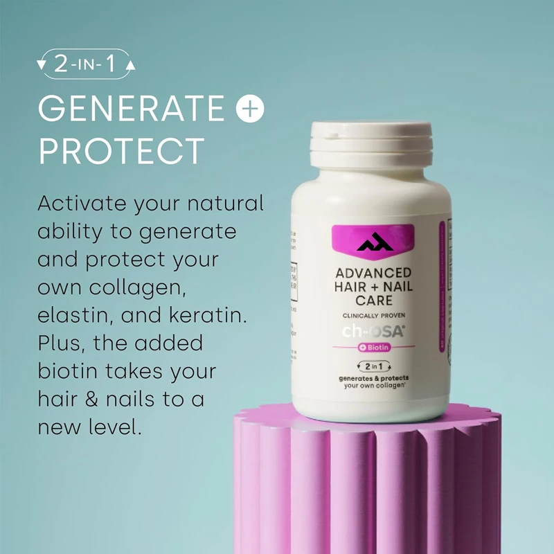 

Advanced Hair and Nail Care -60 Capsules - Grows, Strengthens, and Thickens Hair and Nails - Contains Patented Ch OSA and Biotin