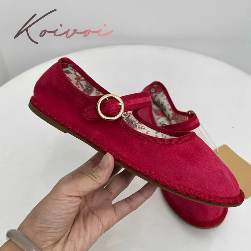 

Красные бархатные туфли на плоской подошве с ручной строчкой, женская повседневная уличная обувь с круглым носком, туфли Мэри Джейн, женская балетная обувь с пряжкой и ремешком