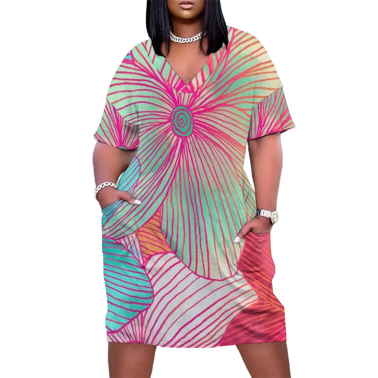 

Between the Lines - tropical flowers in pink, orange, blue & mint Loose Pocket Dress Beachwear Evening dresses