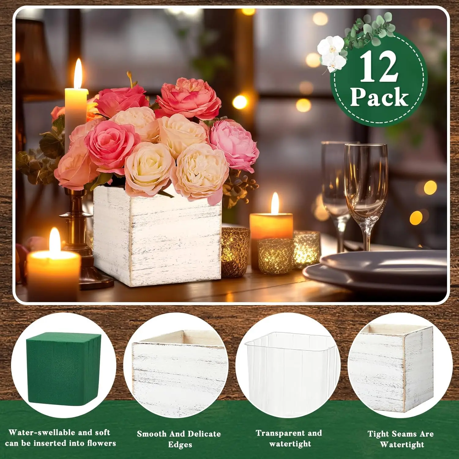 Wooden cube planters arranged for wedding decor