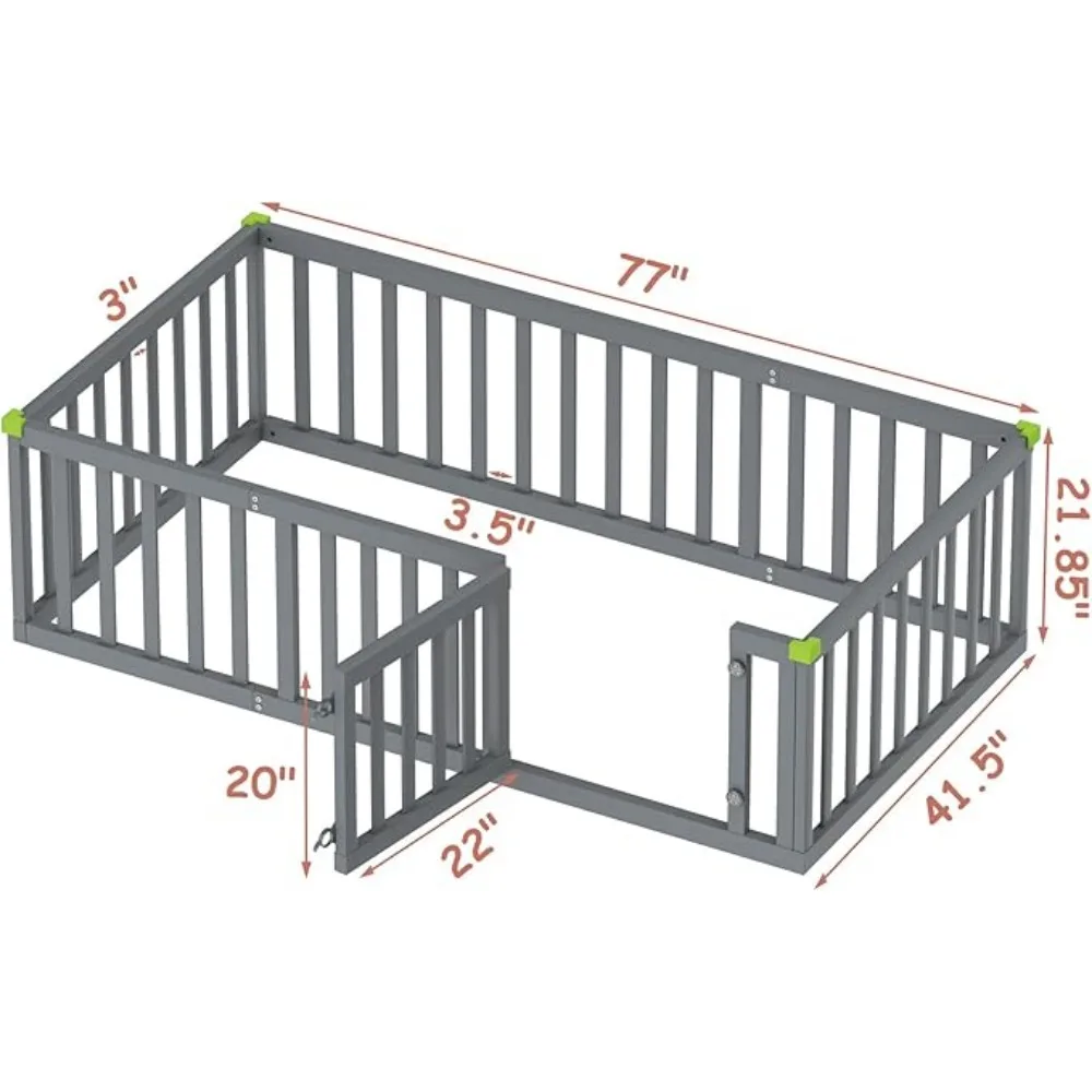 Twin Size Floor Bed Soild Wood,Toddler Bed Frame w/Convertible Door and Safety Fence,FloorBedFrame for Children Bedroom,Toddlers