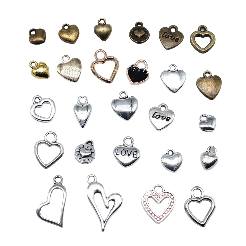 20pcs Antique Bronze Silver Color Pendants Making DIY Handmade Tibetan Finding Jewelry Hollow Heart Charms For Jewelry Making