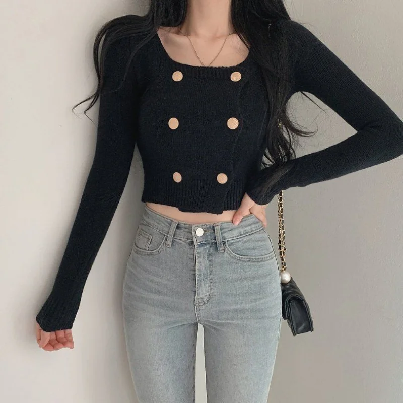 Cropped Pullovers Women Slim Long Sleeve Knitwear Korean Style Ins Sexy Fashion Chic Vintage Button Design Casual New Pull Mujer