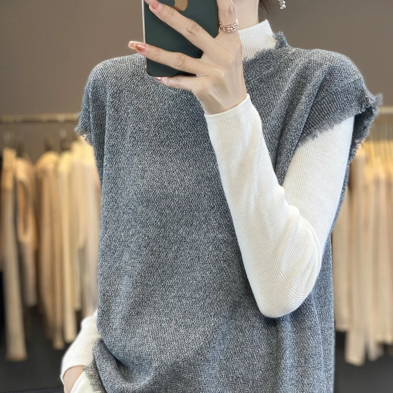 Lente Zomer Nieuwe Sle Gebreide Wollen Vest Svel Ronde Ne Gelaagdheid Vintage Faion Vrouwen Jaet Pure Kleur Pendelen Sle