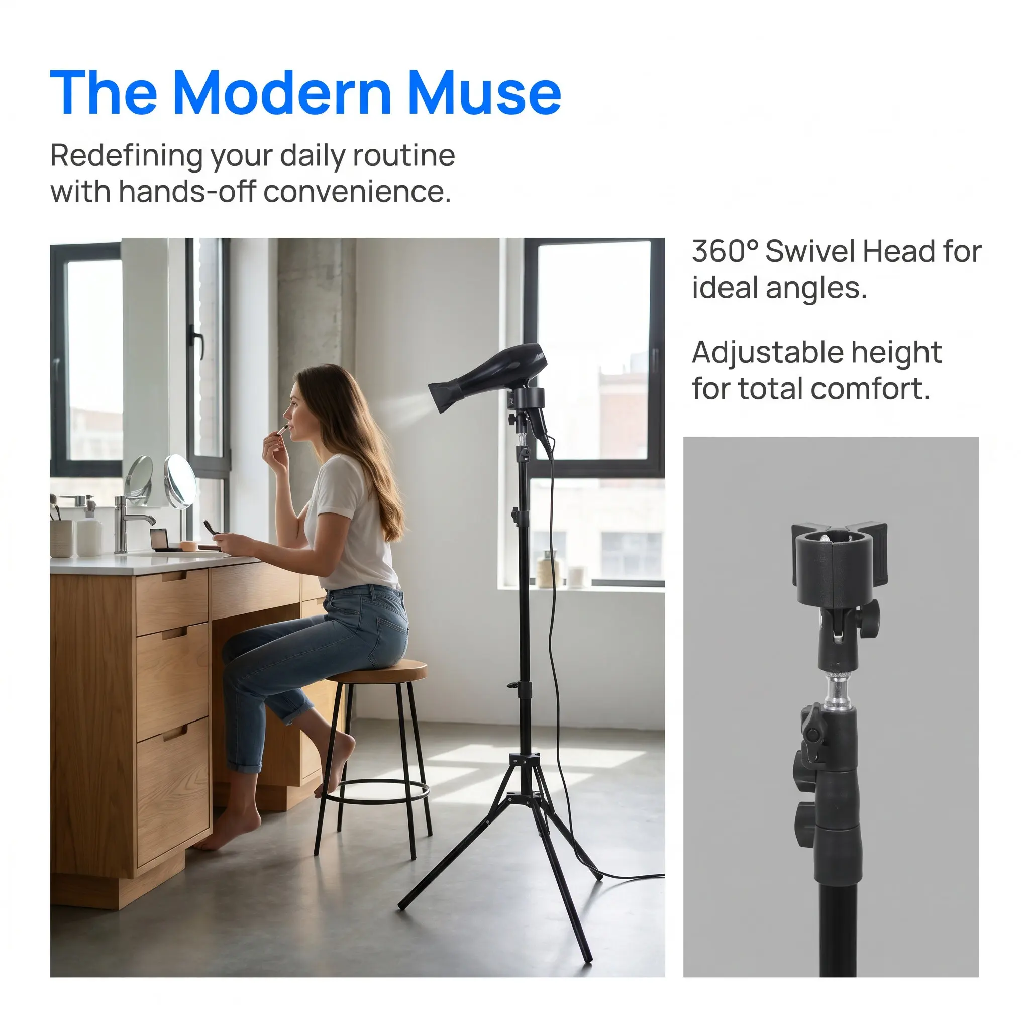 Hands Free Hair Dryer Stand Adjustable Height 360 Rotating Blow Dryer Holder for Home Salon Bathroom Use Hairdryer Stand Holder