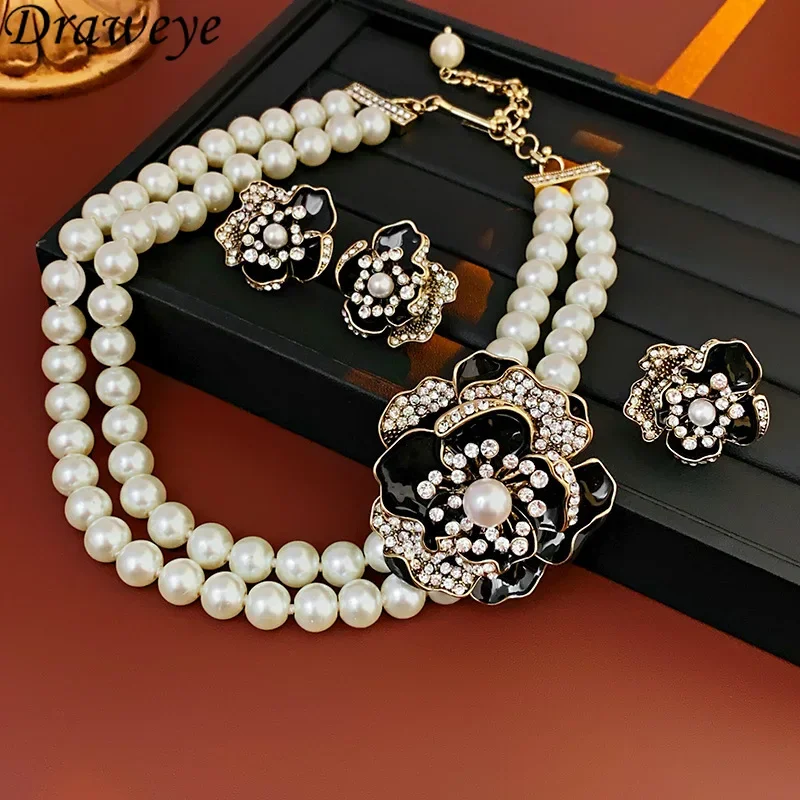 여성을위한 Draweye 꽃 목걸이 더블 레이어 한국어 패션 빈티지 중세 궁전 스타일 쥬얼리 Sweet Collares Para Mujer