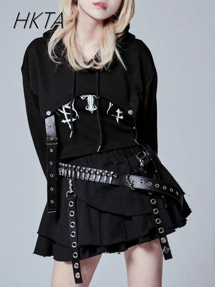 Japanese Striped Color Matching Belt Hot Girl Balck Skirts Women Subculture Goth Y2K Street Pleated Irregular Short Skirt Female