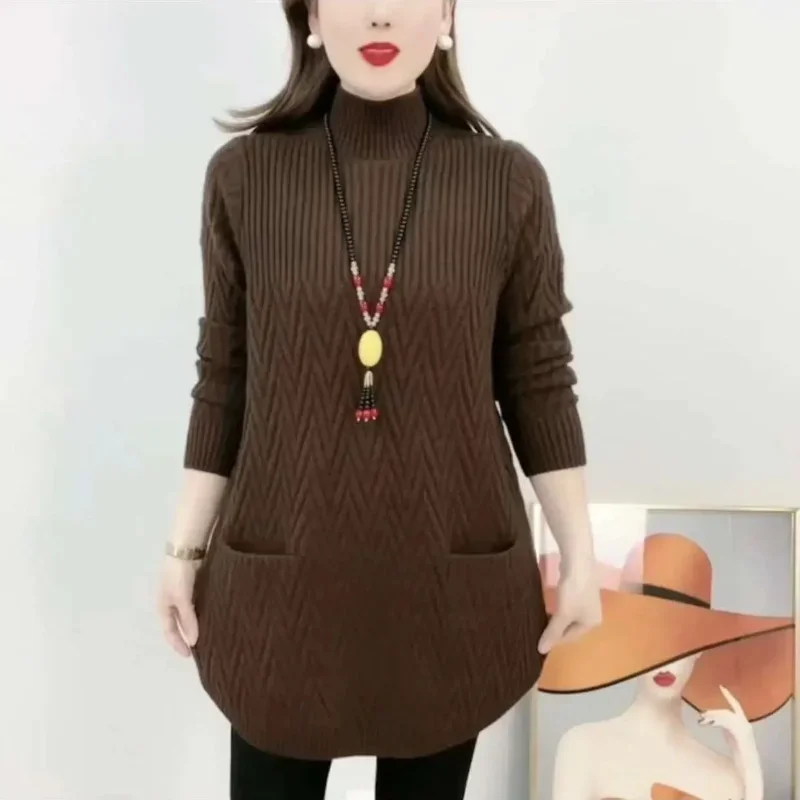 

Новый свитер для мамы, осень-зима, новая базовая рубашка средней длины с половиной высоты, свободный однотонный теплый топ для женщинXQ84