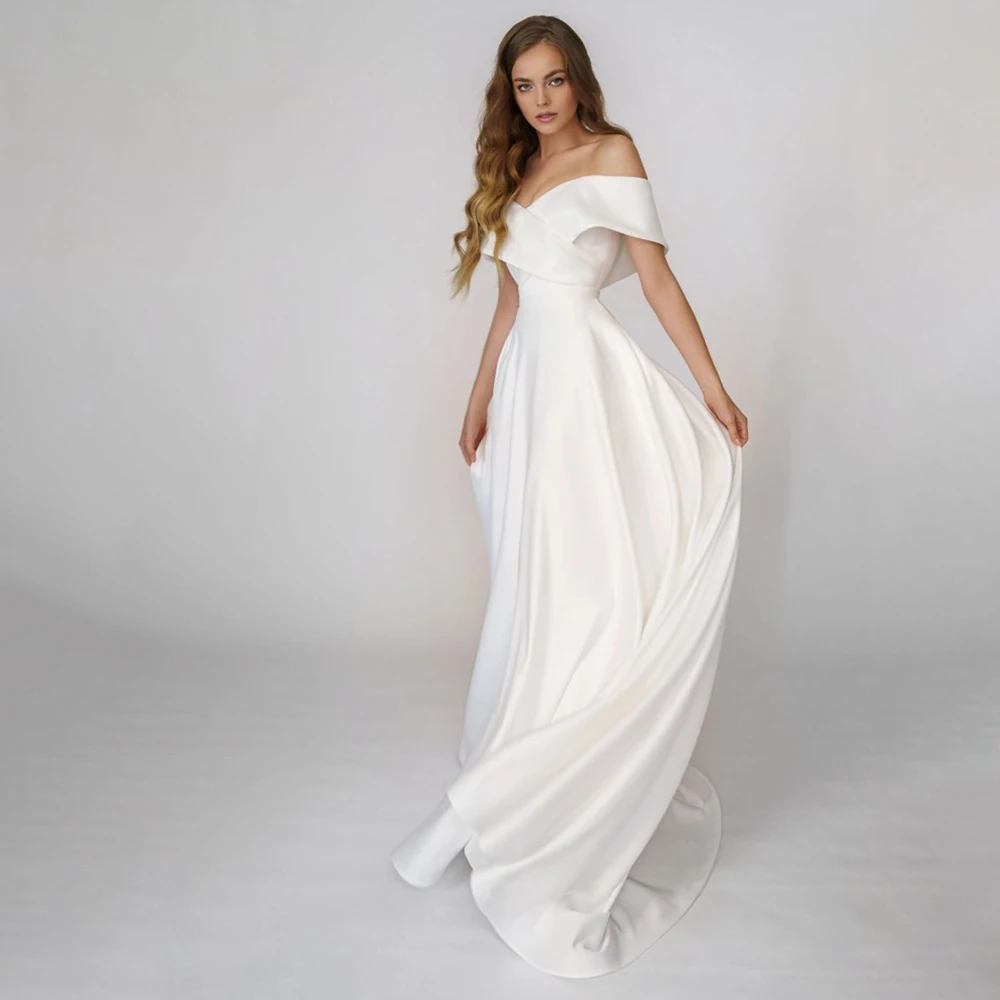 Prinzessin Satin Weg Von der Schulter Einfache Brautkleider EINE Linie Criss Minimalistischen Kreuz Hochzeit Kleid Land C Robe De Mariee sommer