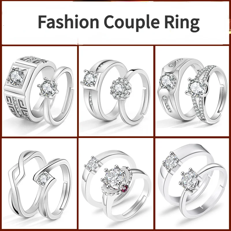 1Pair Simple Zircon Couple Rings European American Crown Opening Rings Anniversary Gift Engagement Decoration