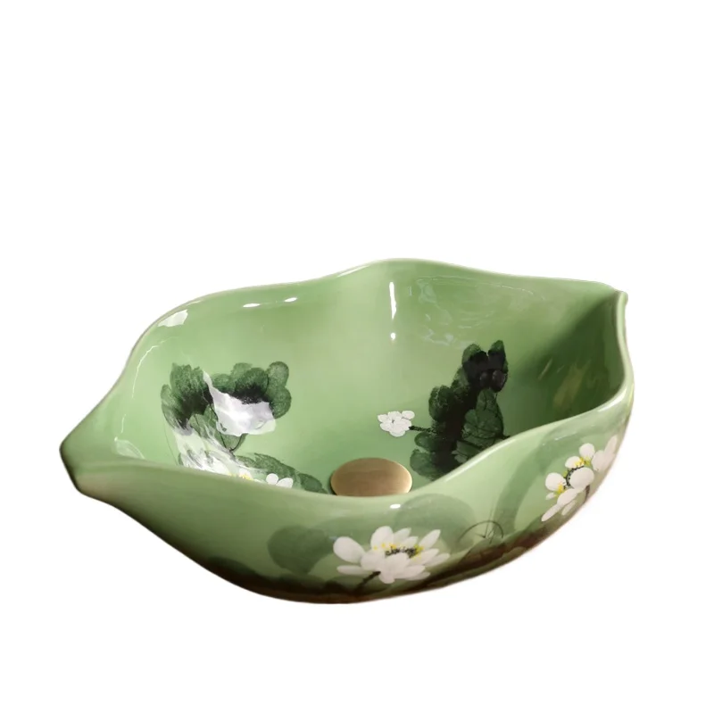 

Green lotus special-shaped countertop basin creative retro ceramic washbasin Chinese antique washbasin