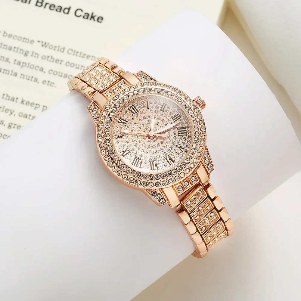 Fashion Women\'s Watch Water Diamond Round Watch Temperament Bracelet Full Sky Star Leisure Quartz Watch