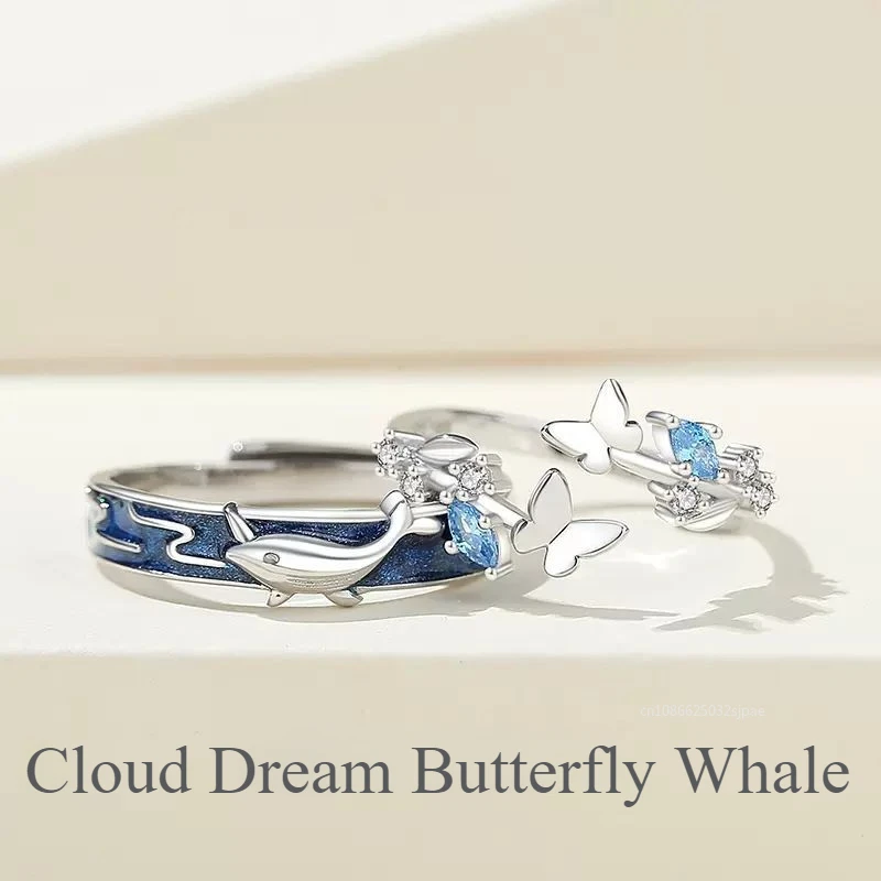 Cloud Dream Butterfly Whale Couple Ring Whale Butterfly Design Crystal Luxury Couple Ring Anniversary Women Opening Ring Jewelry