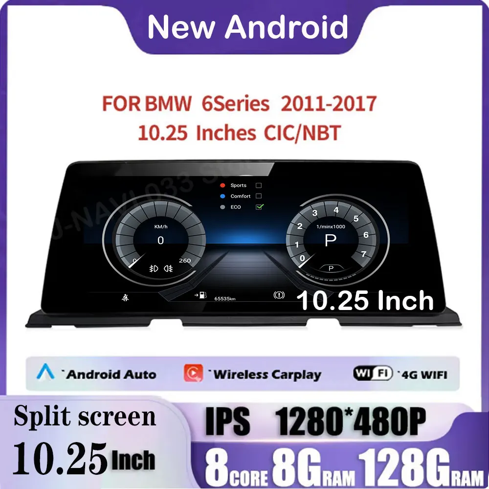 10.25 lnch Android 14 For BMW 6 Series 2011-2017 CIC NBT System ID8 UI Car Radio GPS Navigation Video Player Multimedia 4G+Wifi