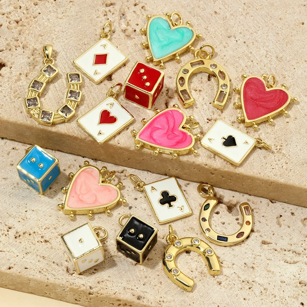 3pcs/Lot 18k Gold Plated Enamel Heart DIY Charms Women Cubic Ziron Horseshoe Necklace Pendants Dise Poke Earring Jewelry