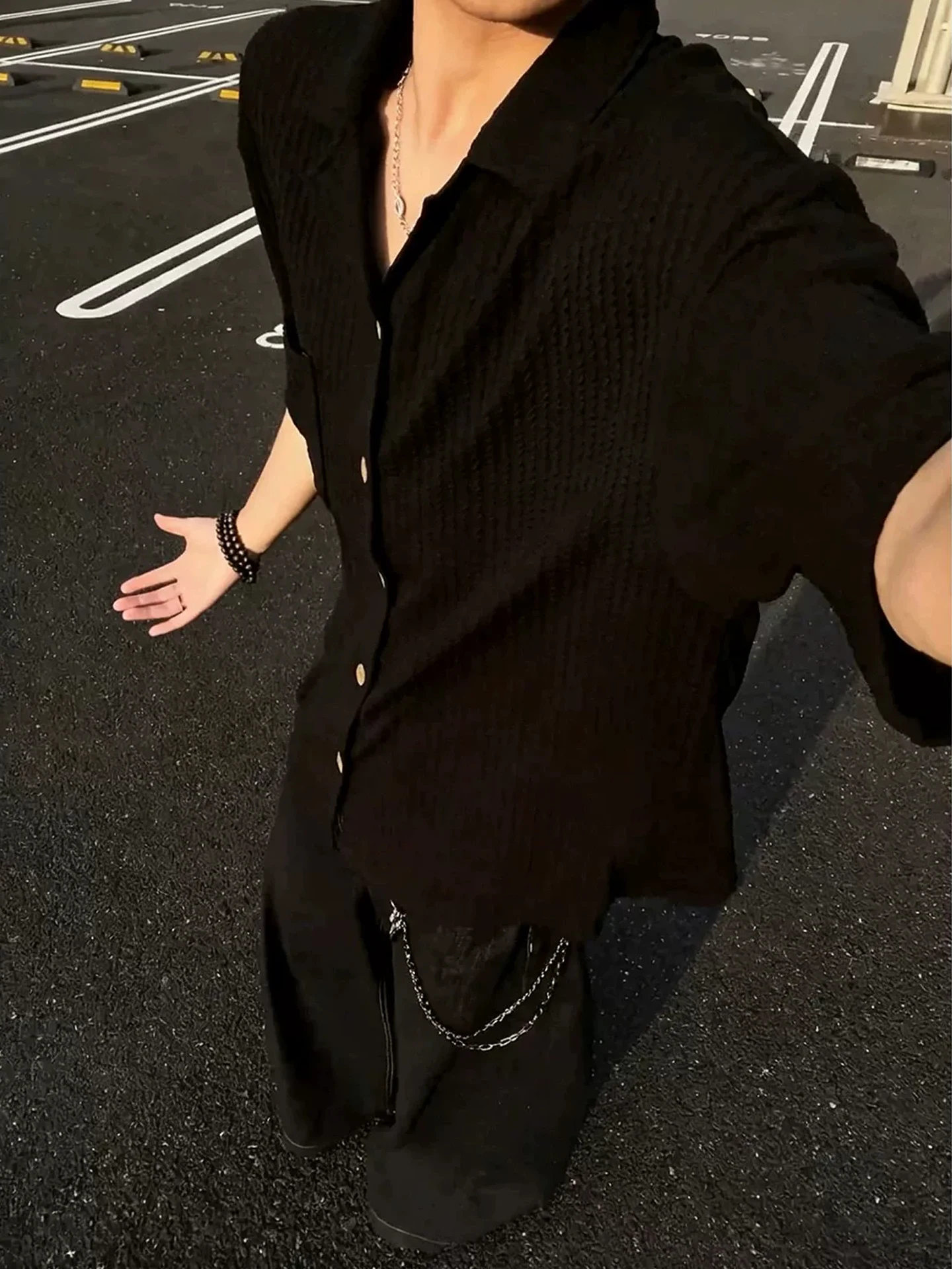 Black Textured Ice Silk Short Sleeve Men's Shirt Summer Breathable Loose Drapey Collar High-End Feeling Handsome Outerwear