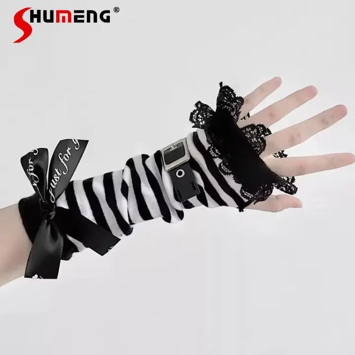 

2000s Hot Girl Dark Leather Striped Gloves Female Y2k Gothic Sub-Culture Original Harajuku Lolita Bow Lace Edge Oversleeve Women