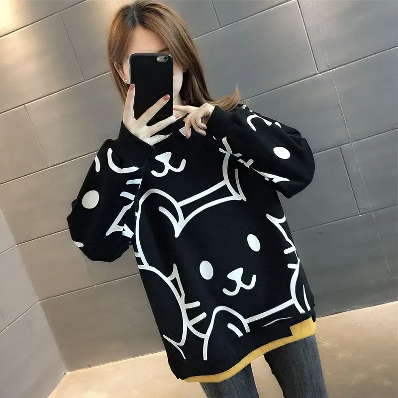 2023 New Spring and Autumn Fashionable and Westernized Simple Round Neck Reduced Age Printing Loose Casual Versatile Sweater