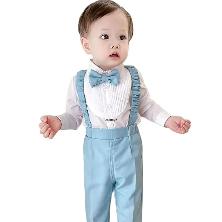 

Newborn Baby Kids 1 Year Birthday Suit Flower Boys Shirt Strap Pants Bowtie Photograph Dress Children Wedding Party Show Costume