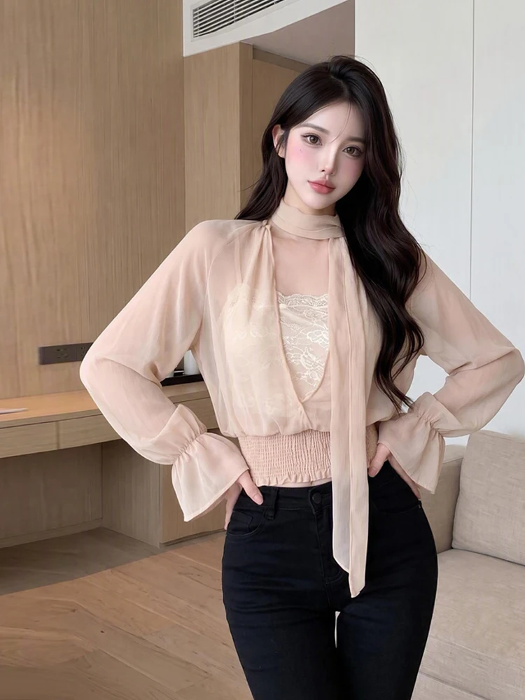 Laid-back Style Fake Two-Piece Sash Pleated Waist Cinching Micro-Transparent Chiffon Top Gentle Slimming Versatile Unique Top