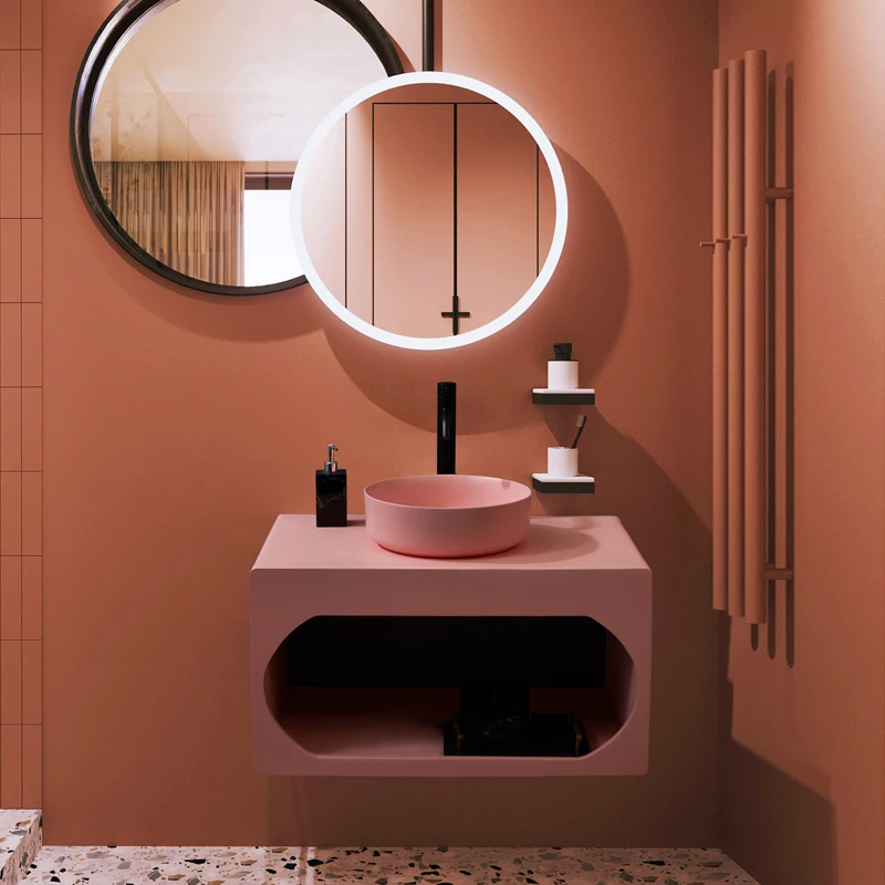 

Nordic bathroom cabinet combination artificial stone basin cabinet wall-mounted pink bathroom cabinet combination