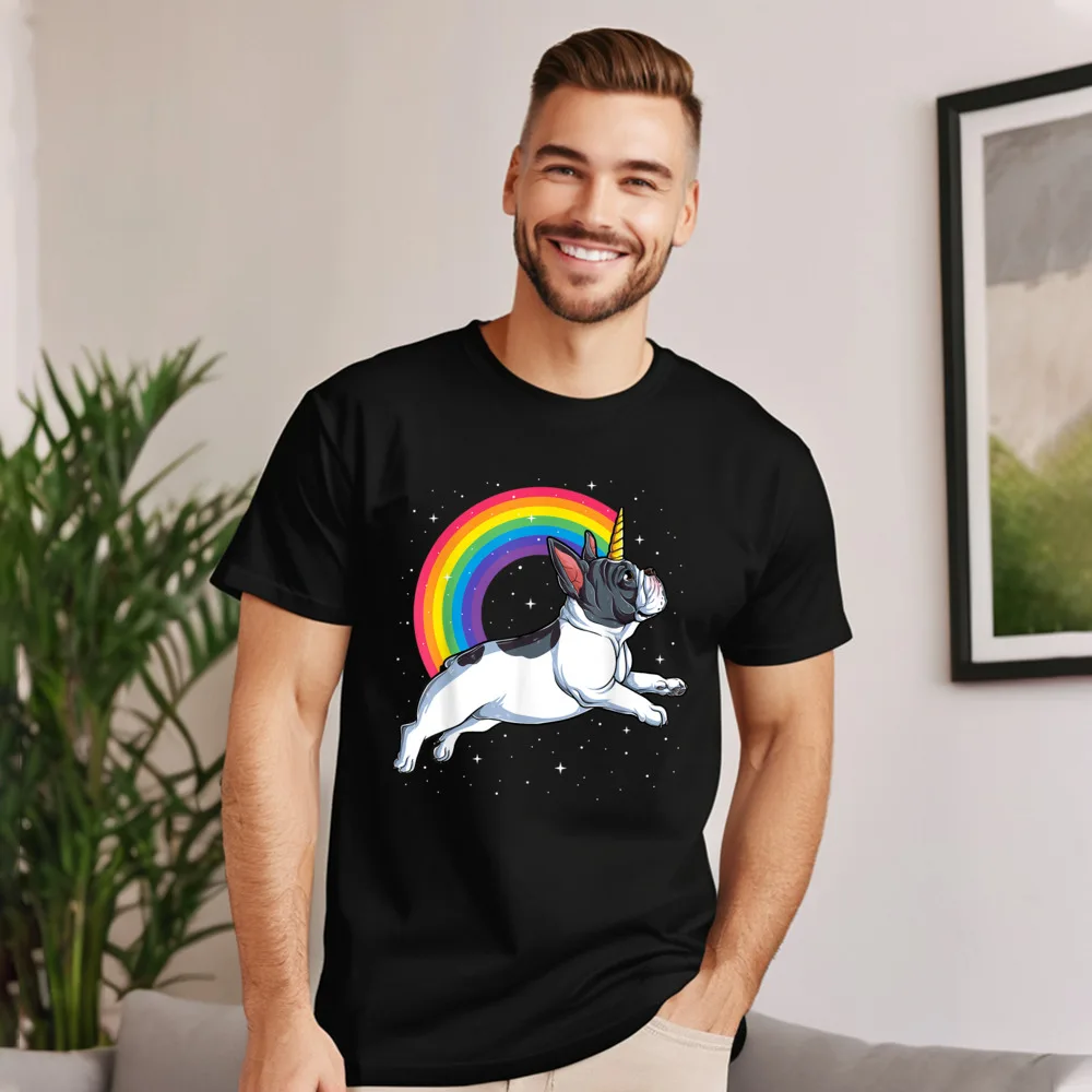 Retro Adult T-Shirt French Bulldog Unicorn Shirt Girls Funny Tops & Tees Christmas 100% Cotton O-Neck T-shirts Short Sleeve