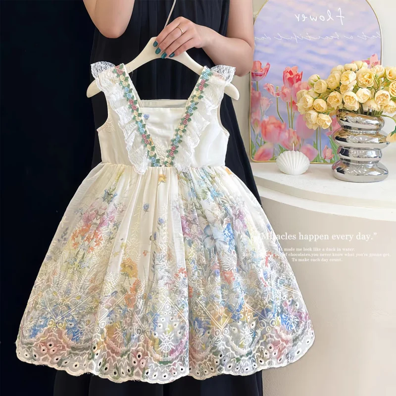 

Girls' Floral Strap Vacation Dress, New Summer Style, Chic and Sweet French Floral Lace Princess Dress