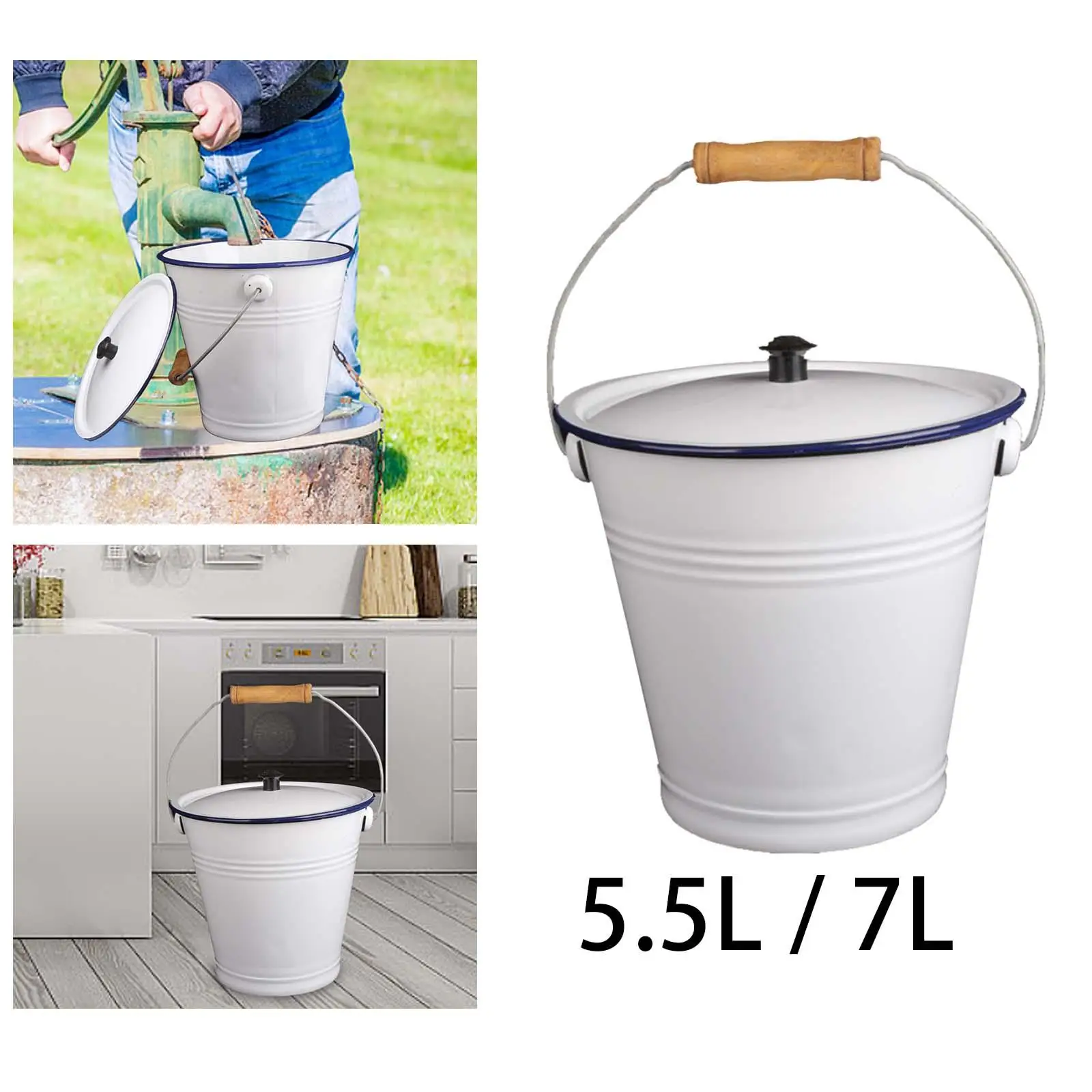 Enamel Bucket with Wood Handle Multiuse with Lid Pails for Garden Party Favors