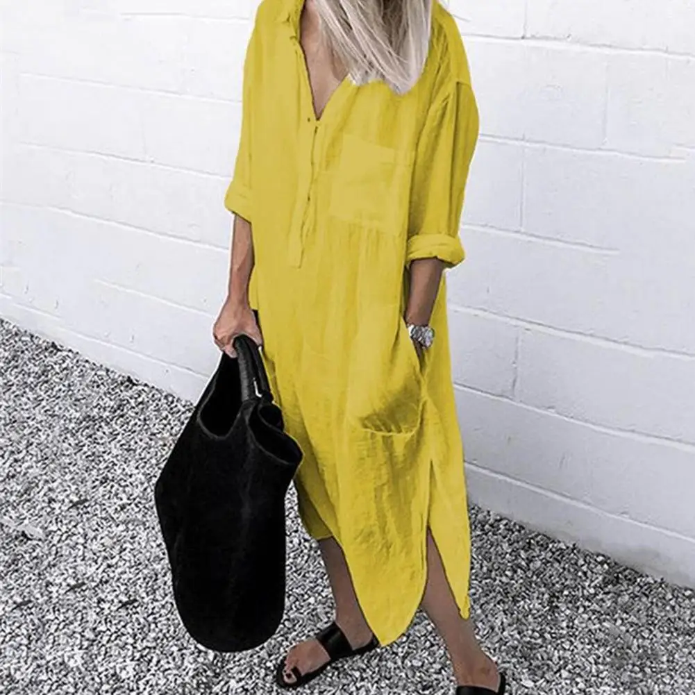 Summer Women Dress Solid Color Long Sleeve Side Split Buttons Shirt Dress Loose-fitting Turn-down Collar Pocket Long Dress