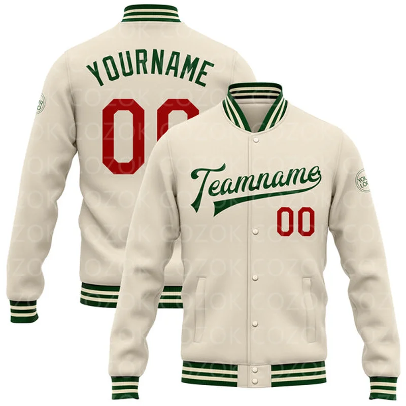 

Custom Cream Green Color 3D Printed Baseball Button Jacket Bomber Full-Snap Varsity Letterman Jacket