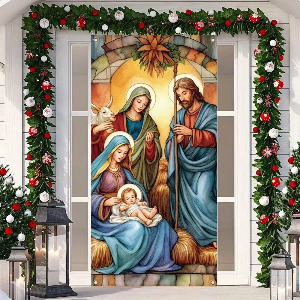 مشهد ميلاد يسوع خلفية عيد الميلاد السنة الجديدة النجوم الساطعة راية الأسرة المقدسة المنزل الدينية الجدار الديكور غطاء الباب #5