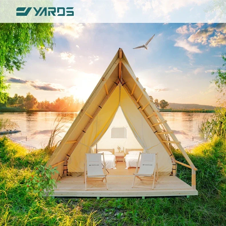 3.5*5M  Outdoor Camp Hotel Triangular Safari Tent Canvas Glamping Resort Solid Wood Pyramid Tents House with Terrace