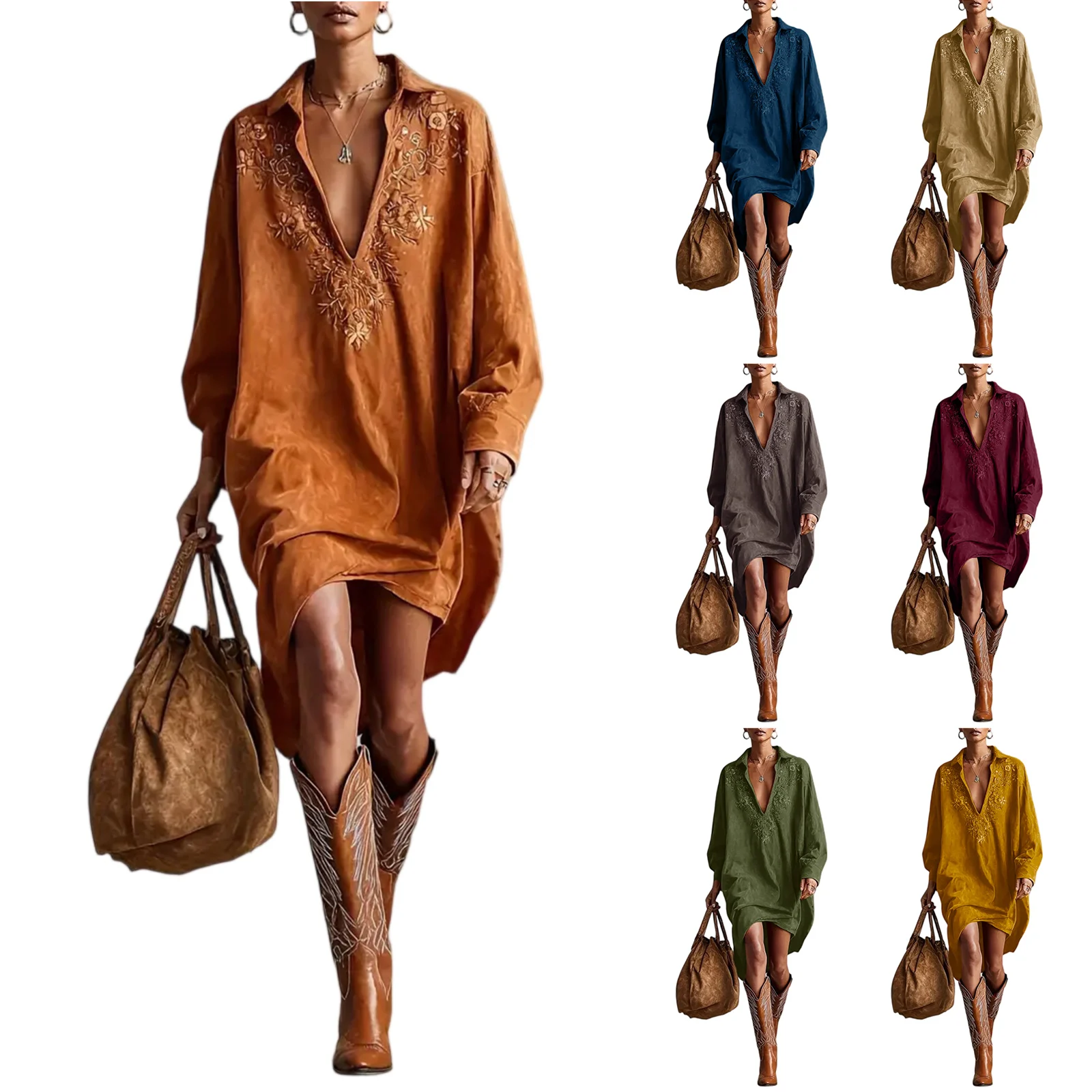 Womens Shirt Dress Burgundy Suede Embroidered High-Low Puff-Sleeve Bohemian Casual 2026 Trendy Dresses Stylish Outfit Vestido