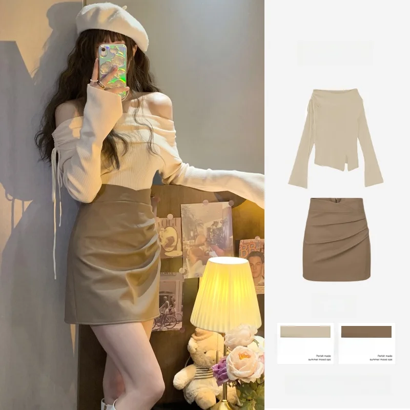 

Spring Autumn Salt Series Sweet And Spicy Girl Knitted One oulder Top And Skirt Set Women's Faion Ensemble Casual Polyester