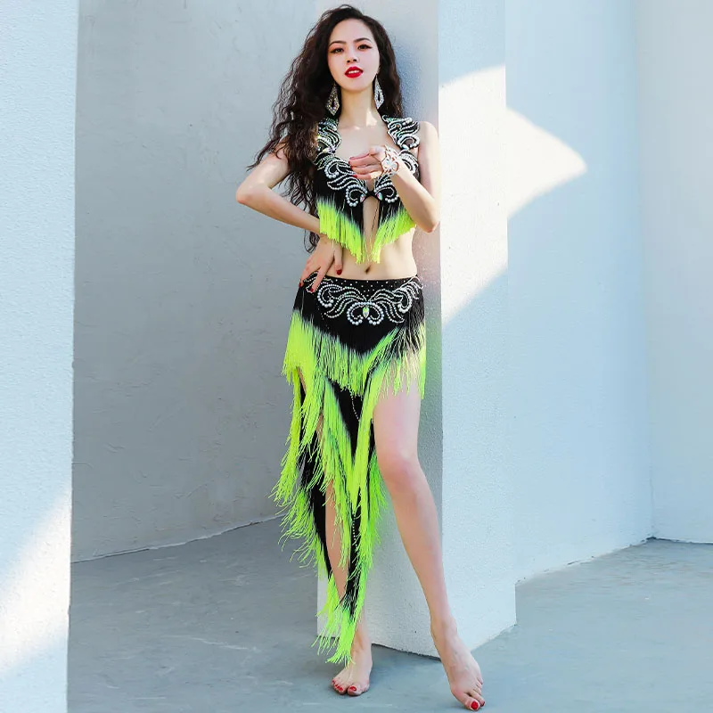 Belly Dance Performance Costume Heavy Tassel Drum Oriental Dance Outfit Bra Skirt Competition Quality Women Carnival Costume